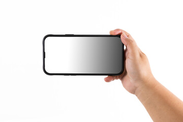 Mobile phone blank screen isolated on white background and banner. Female hand holding mock up smartphone.