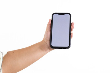 Mobile phone blank screen isolated on white background and banner. Female hand holding mock up smartphone.
