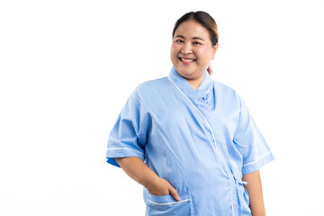 Portrait Asian female patient looking at camera. Happy smiling asian women patient on white background. Fat and overweight obese woman