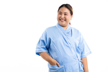 Portrait Asian female patient looking at camera. Happy smiling asian women patient on white background. Fat and overweight obese woman