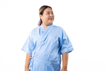 Portrait Asian female patient looking at camera. Happy smiling asian women patient on white background. Fat and overweight obese woman