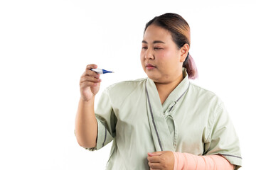 Sick female having fever and headache, flu and check thermometer measure body temperature. Asian women patient on white background. Fat and overweight obese woman