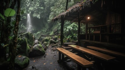 Fototapeta premium Coffee shop or village in the jungle forest