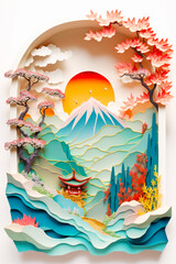 Paper cut of landscape with mountains, trees, and pagoda. Generative AI.