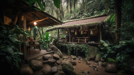 Obraz premium Coffee shop or village in the jungle forest