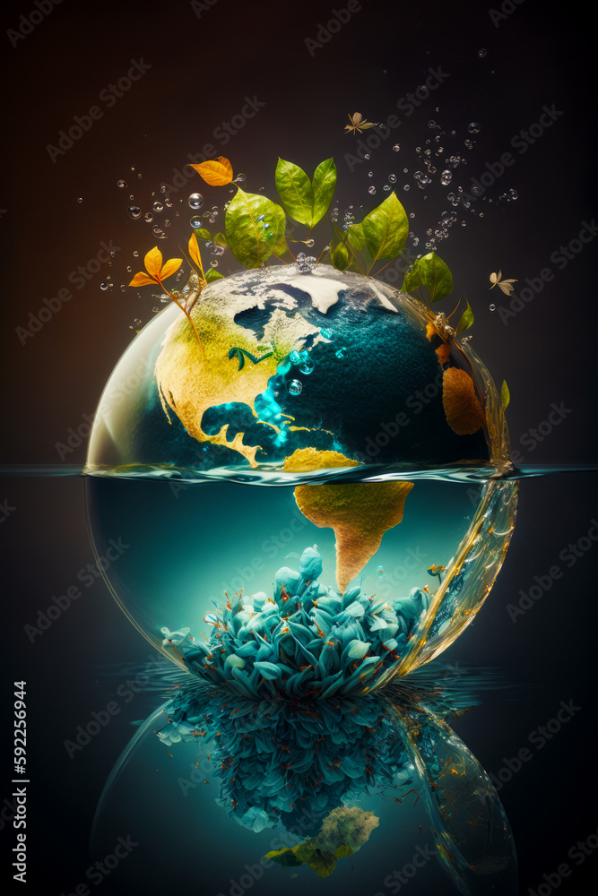 Wall mural Picture of the earth in the water with leaves floating on top of it. Generative AI.