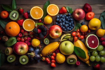 Colorful flat lay of fresh fruits and vegetables on a wooden background. Oranges, strawberries, kiwi, blueberries, and cherry tomatoes. Generative ai.