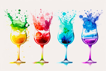 Group of three wine glasses filled with different colored liquids on white background. Generative AI.