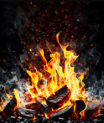 Fototapeta na wymiar Close up of fire with lots of fire and smoke coming out of it. Generative AI.