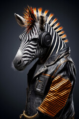 Fototapeta na wymiar Zebra wearing headphones and jacket with orange and black pattern. Generative AI.