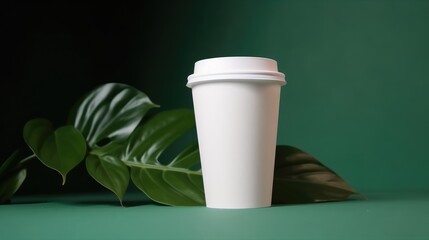 Coffee cup mock up on background with leafs
