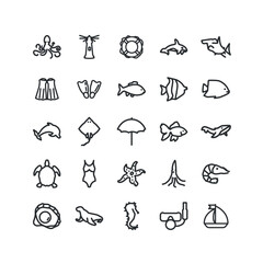 sea line icon set with sea animals and fish, beach, scuba mask, shark