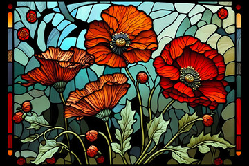 Stained glass poppies design - generative ai - obrazy, fototapety, plakaty