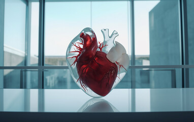The anatomical heart model inside a clear heart sculpture reflects on health and biology, displayed in a modern clinical setting.