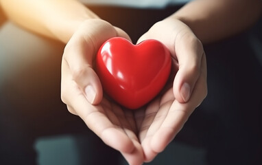 Two hands tenderly hold a red heart in a symbolic gesture of giving and receiving love, care, and compassion.