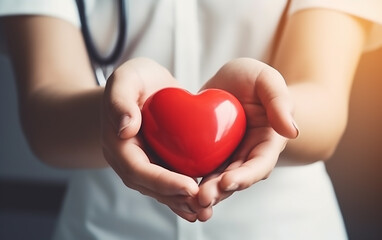 Warm sunlight bathes the hands of a healthcare provider holding a red heart, representing life-saving care and the human touch in medicine.