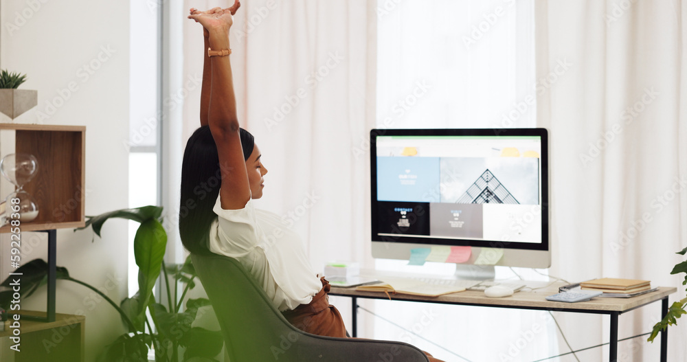 Poster Stretching, office desk and woman with computer for website design, seo marketing or copywriting planning, working hard. Tired, burnout and creative graphic designer with overtime on ux ui web design