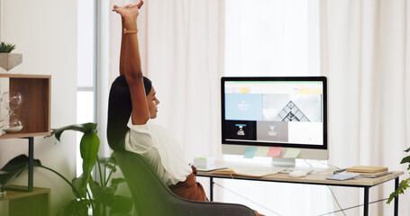 Stretching, office desk and woman with computer for website design, seo marketing or copywriting...