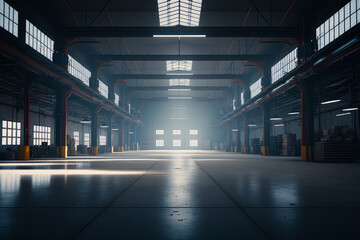 Empty warehouse with lot of light coming through the windows on foggy day. Generative AI.