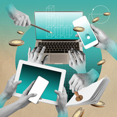 Human hands working with many gadgets, phone, laptop, tablets. Developing successful professional strategies. Contemporary art collage. Concept of business, career development. Creative design
