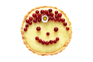 Smiling fruit cake. Shortbread tartlet with vanilla custard cream and red currant. Isolated, top view. Creative baking