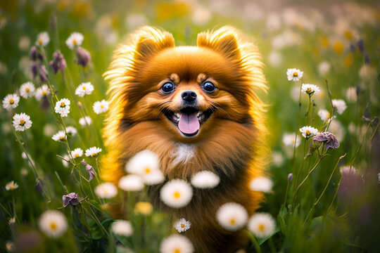 Small brown dog standing in field of flowers with its mouth open and tongue out. Generative AI.