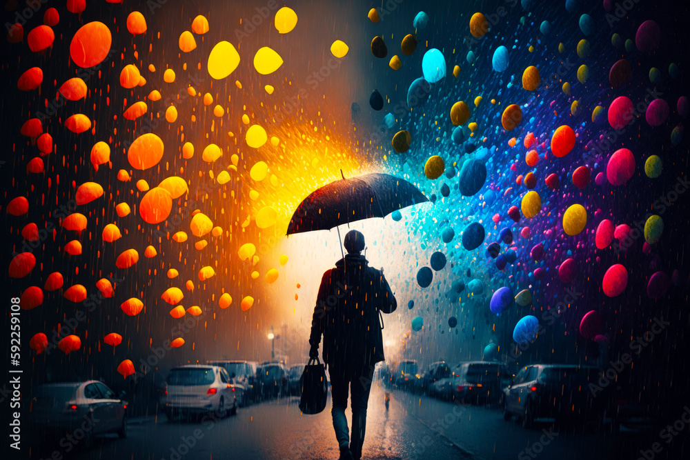 Wall mural Man walking down street holding umbrella under rainbow colored sky filled with balloons. Generative AI.