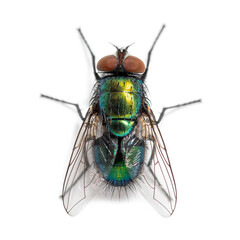 Top shot of a Green bottle fly species, probably Lucilia sericata,  isolated on white
