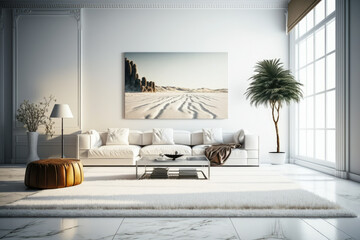 Living room with white couch and large painting on the wall. Generative AI.