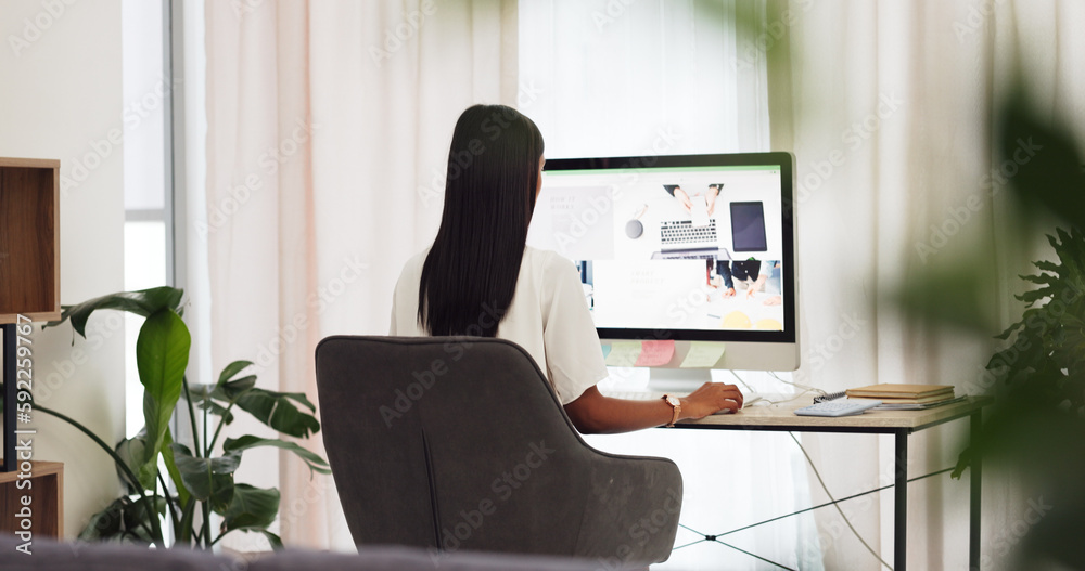 Poster creative website designer woman at computer or desktop pc working on internet seo for digital market