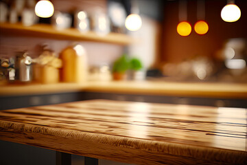 Wooden table top in kitchen with blurry image of the counter top. Generative AI.