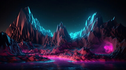 Neon background. Cosmic landscape, terrain at night with rocks and water. Rectangular frame glowing,  pink blue neon light. Generative AI.