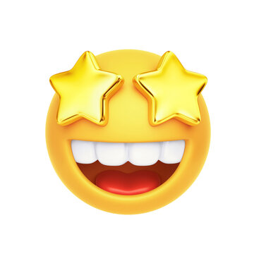 Emoji with golden starry eyed and open smile isolated on white. Clipping path included
