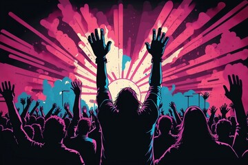 A banner showing a crowd with raised hands at a concert festival. Generative AI