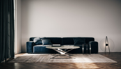 Modern interior design of living room. Black sofa and empty white mockup wall background. 3D...