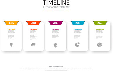 Light Timeline template with white cards colorful tabs icons and description - obrazy, fototapety, plakaty