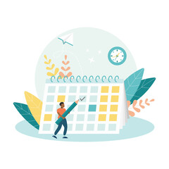 Illustration of a man writes with a pencil in a calendar. Work project planning schedule concept, effective time management to improve productivity. Flat vector illustration.
