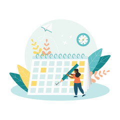 Illustration of a woman writes with a pencil on the calendar. Work project planning schedule concept, effective time management to improve productivity. Flat vector illustration.
