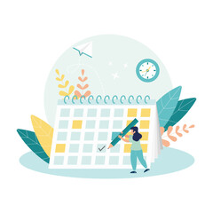 Illustration of a woman writes with a pencil on the calendar. Work project planning schedule concept, effective time management to improve productivity. Flat vector illustration.
