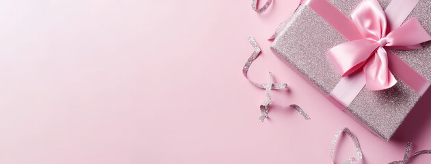 top view on the silver glitter gift box with а pink ribbon on pink background, banner, copy space, generative ai