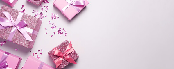 top view on pink glitter gift boxes with pink ribbons on white background, banner, copy space, generative ai