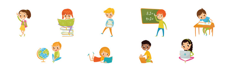 Smart Kids Reading Book and Studying School Subject Vector Set