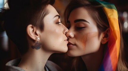 Lesbian Couple kissing, LGBT flag background, Generative Ai