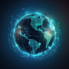 Naklejka premium globe on blue background. global virtual internet world connection of technology network digital communication and worldwide networking. generative ai
