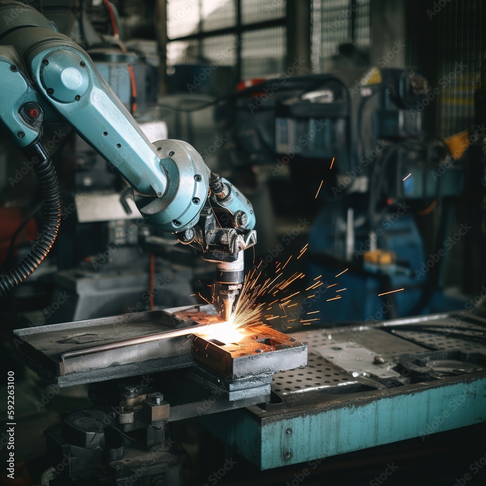 Sticker In the factory, a robot's hand is working on a steel welding building and an electronic equipment. generative ai