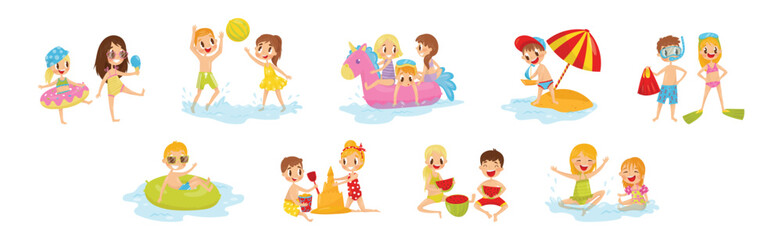 Cute Girl and Boy at Seaside Enjoying Vacation and Summer Time Vector Illustration Set