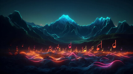 Fototapeta na wymiar Abstract neon background. Fantastic landscape music notes with glowing musical notes symbol. Generative AI.