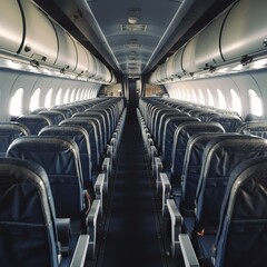 interior of the airplane, a row of seats on the plane's flight. generative ai