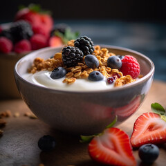 Blueberry and raspberry parfaits in bowl, scene on a rustic style background
