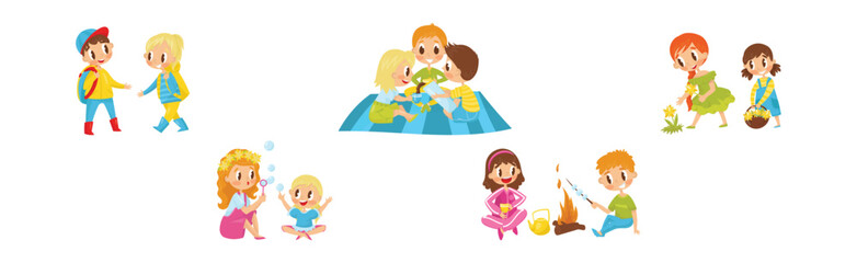 Little Girl and Boy Camping Engaged in Summer Activities Enjoying Adventure Vector Illustration Set
